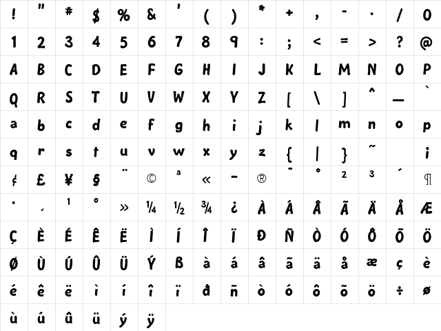 Mushmellow Bold  glyph index