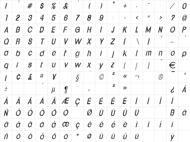 DowntownThin Italic  glyph index