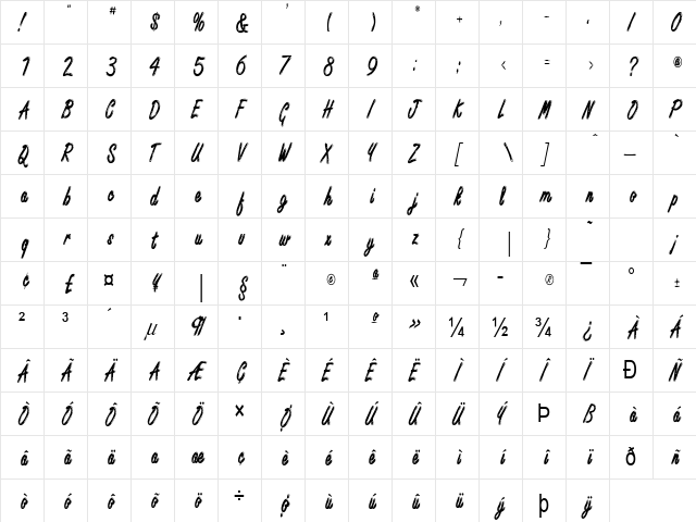 Encino Condensed Normal  glyph index