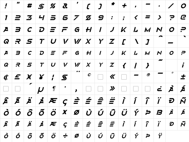 Alternity Italic  glyph index