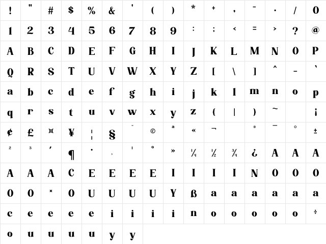 Fredella Regular  glyph index