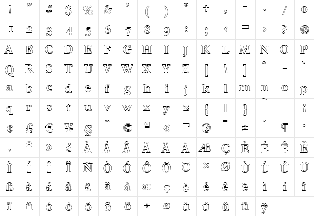 CharlesBeckerOutline Bold  glyph index