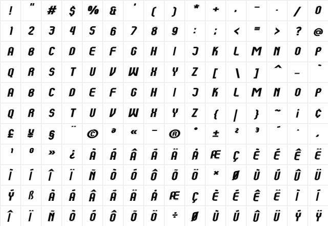 Kumba College Expanded Italic  glyph index