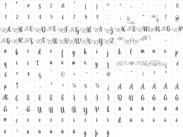 Yessy Regular  glyph index