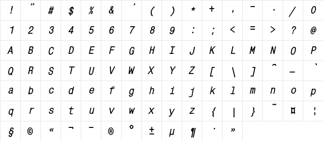MonoCondensedC Bold Italic  glyph index