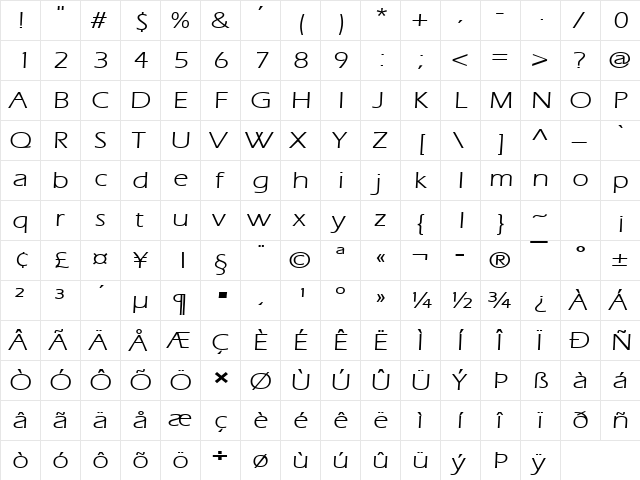 Eric Lite Extended Bold  glyph index