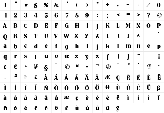 Tennessee Heavy SF Bold  glyph index