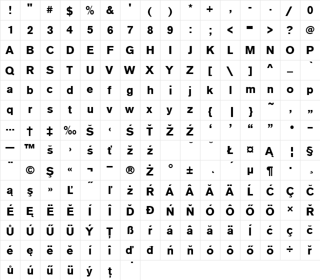 AcciuTEE Bold  glyph index