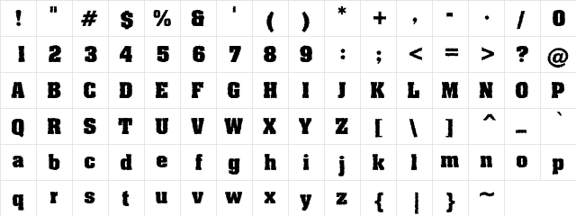 Grunge Aching Bold Regular  glyph index