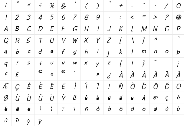 CAC Futura Casual Med. Italic Regular  glyph index