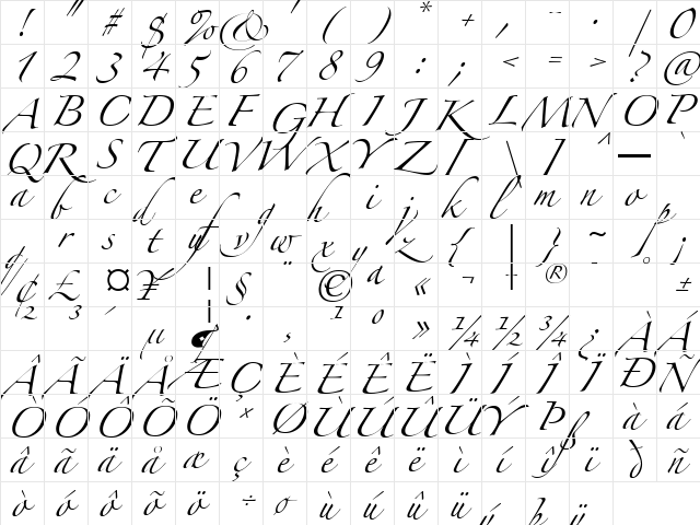 Zapfino Regular  glyph index