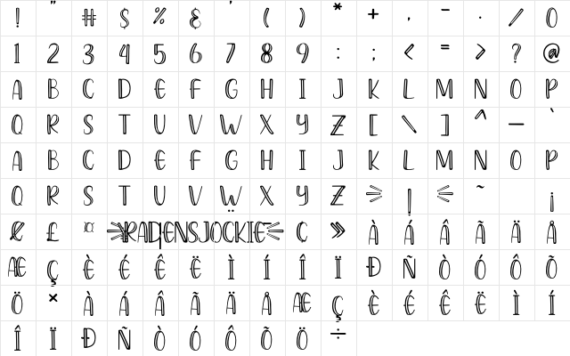 Radens Jockie Regular  glyph index