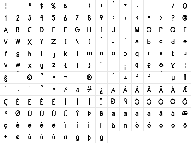 Highball-Condensed Bold  glyph index