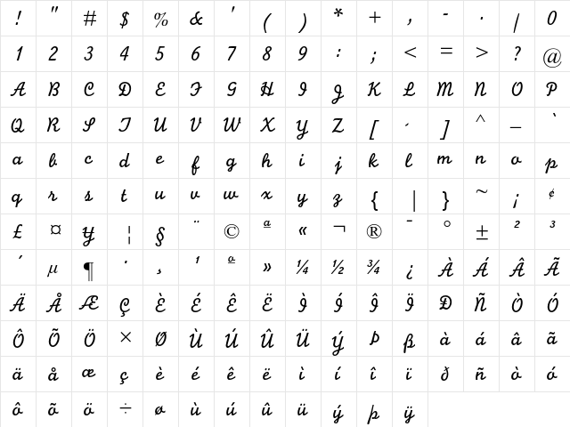 Monoline Script MT Regular  glyph index