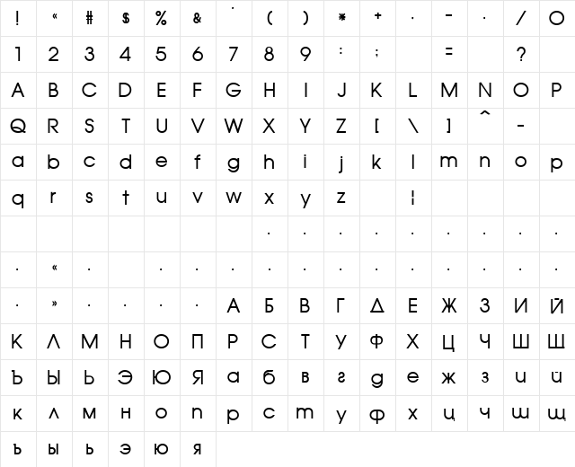 RusAvantGarde Regular  glyph index