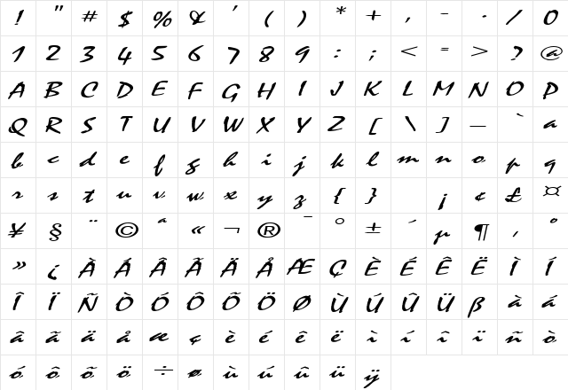 Mystic Extended Italic  glyph index