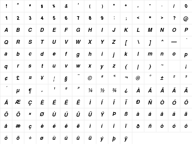 WinSoft Pro Bold Italic  glyph index