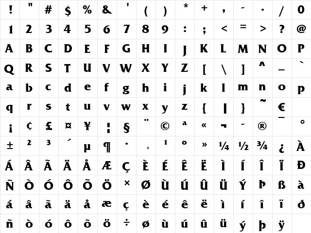 FrizQuaT Bold  glyph index