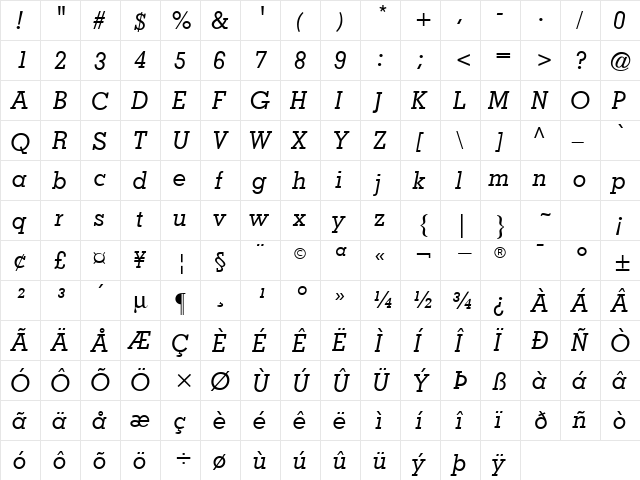 Nashville Medium Italic  glyph index