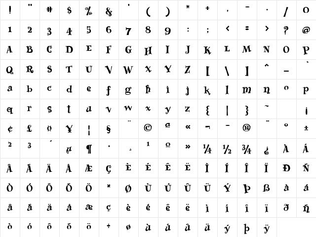 Whimsy ICG Heavy Regular  glyph index