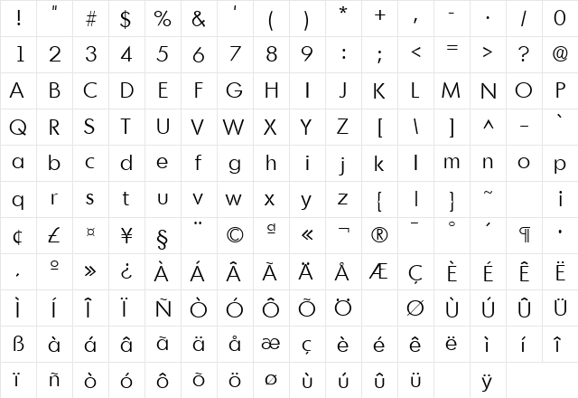 MontrealLH Regular  glyph index