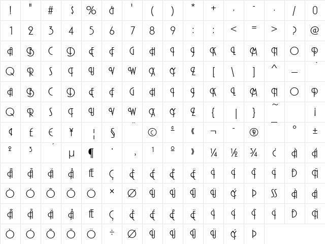 Pizzicato-Initials Regular  glyph index
