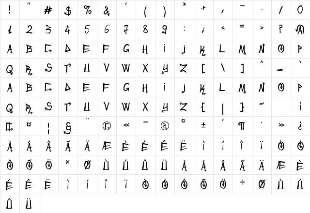 Urban&Slick Regular  glyph index