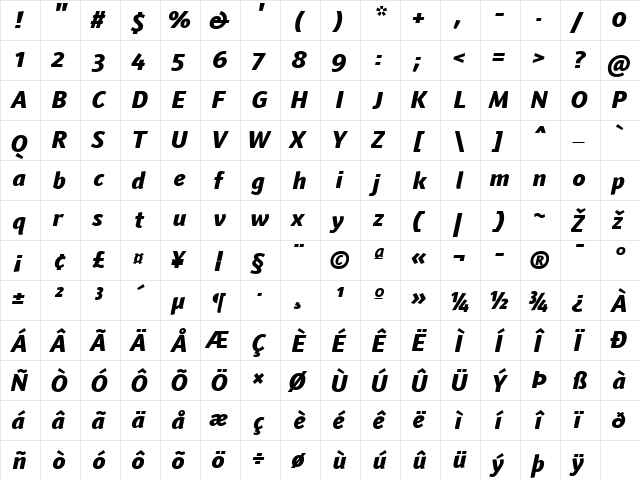 Textra LT Heavy Italic  glyph index