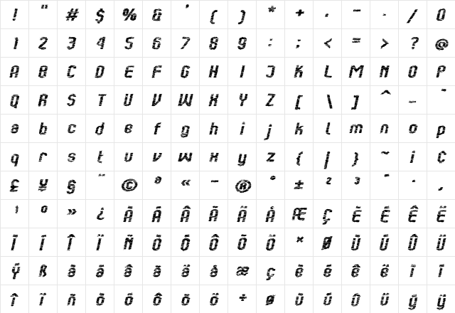 Kumba Scrawl SemiBold Expanded Italic  glyph index