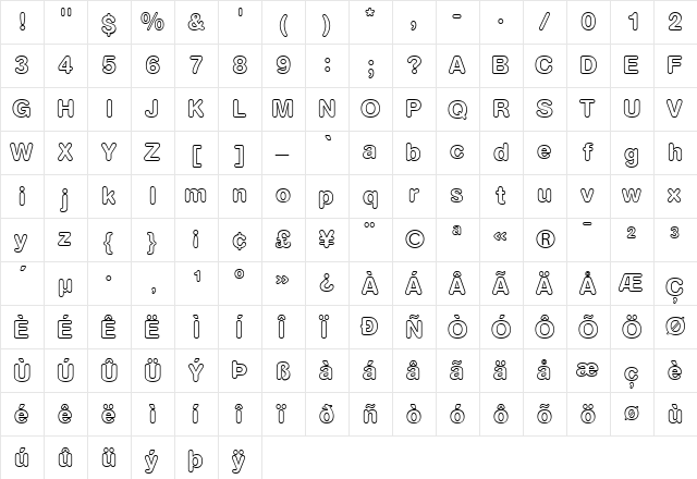 AGRoundedBoldOutline-Book Book  glyph index
