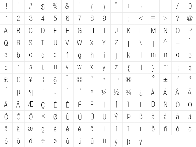 Helvetica Neue LT Regular  glyph index