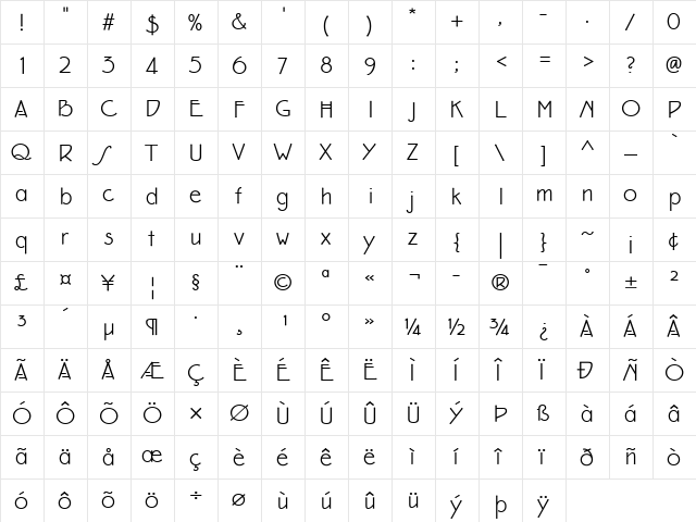 Eaglefeather Regular  glyph index