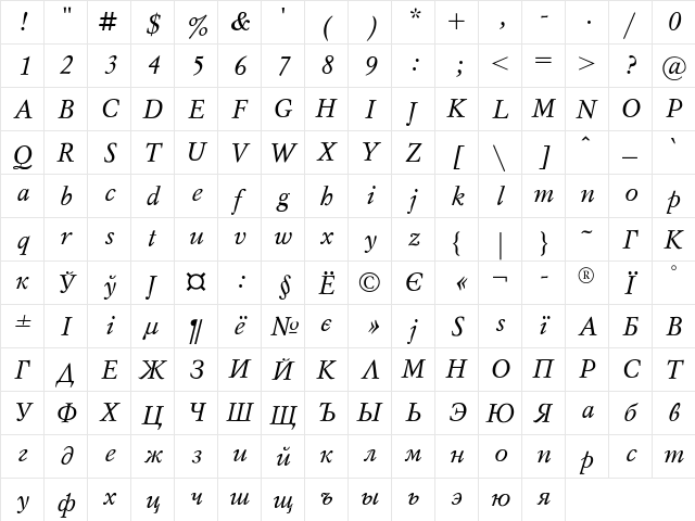 Mysl Italic  glyph index