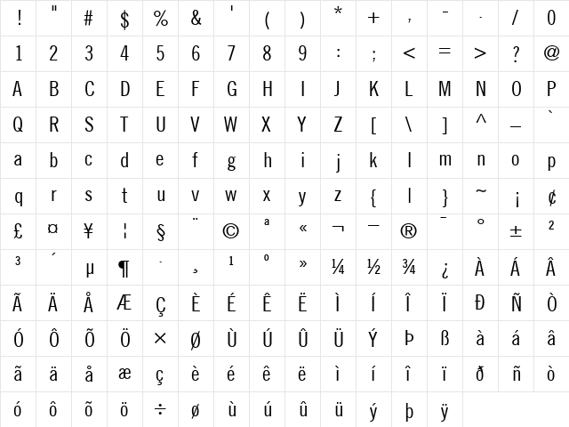 TradeGothicNo.18-Condensed Roman  glyph index