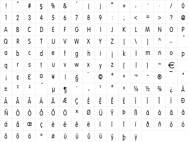 VogelCondensed Normal  glyph index
