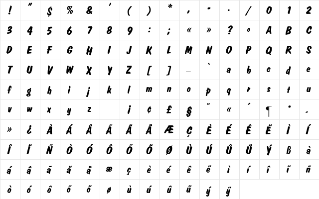 DomCasual-BoldItalic Regular  glyph index