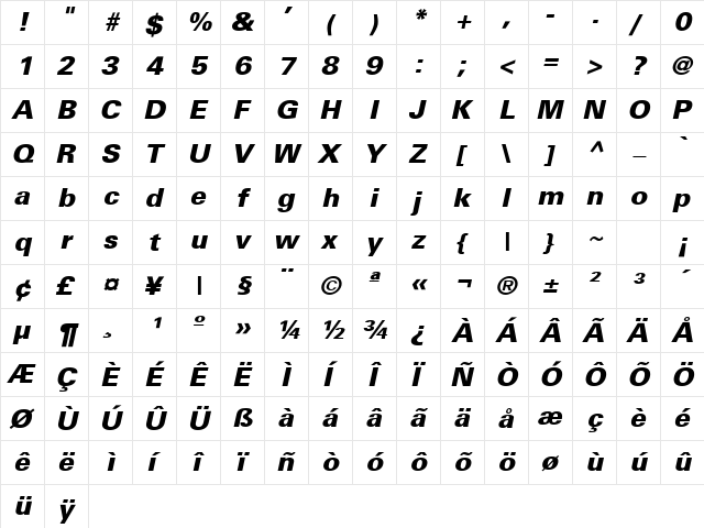 USA Black Italic  glyph index