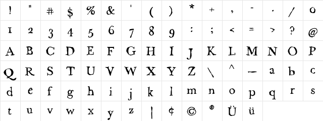 Caslame Roman  glyph index