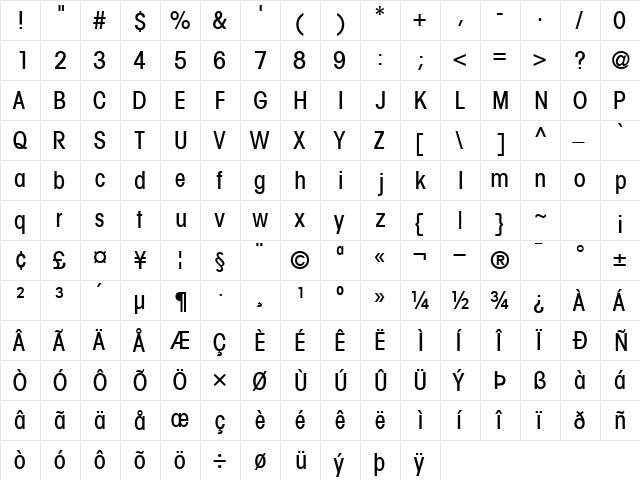 TrendexLightCondSSK Regular  glyph index