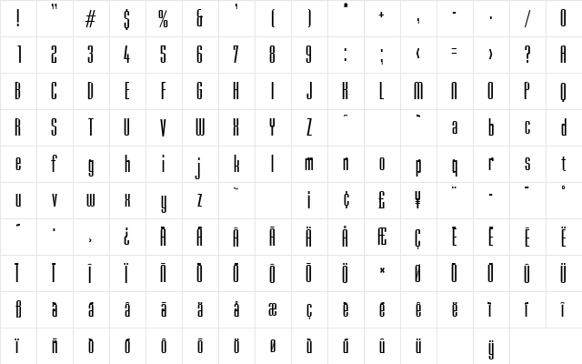 Skyscraper SF Regular  glyph index