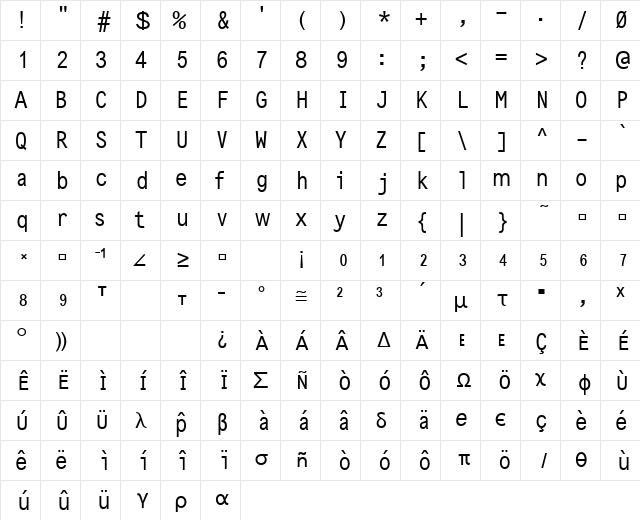 TI-83p Mini Sans Normal  glyph index