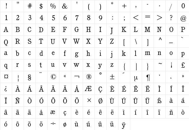 Cushing BQ Regular  glyph index