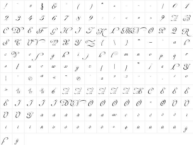 Mirella Script Limited Free Version.vfb Regular  glyph index