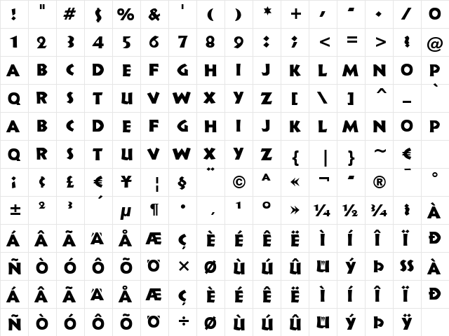 Informal011 BT Roman  glyph index