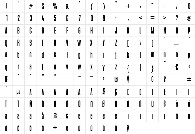 ReportBold Regular  glyph index