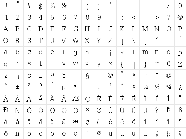 Glypha LT Light Regular  glyph index