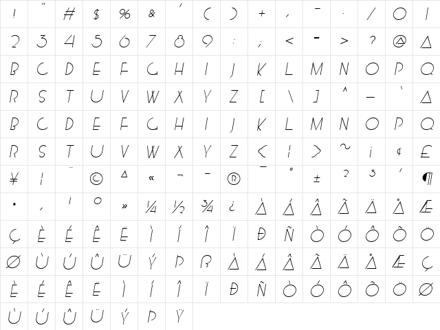 MontanaLight Oblique  glyph index