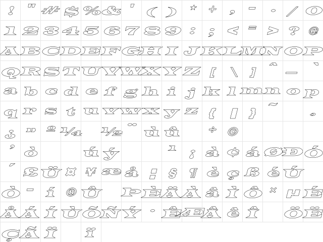 Latin-WideExtObl-Normal Hollow Regular  glyph index