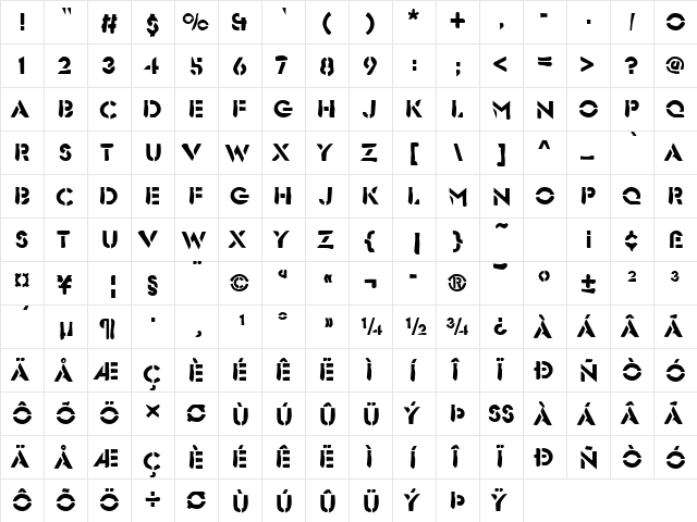 DTCDirtyM26 Regular  glyph index