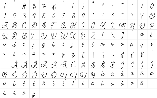 Aurelig Regular  glyph index